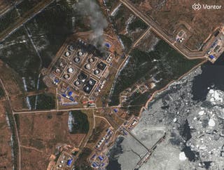 A satellite near-infrared image shows smoke rising from damaged oil storage tanks after a Ukrainian attack in Primorsk